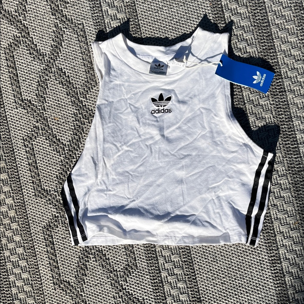 adidas White Cropped Tank Top with Black Stripes